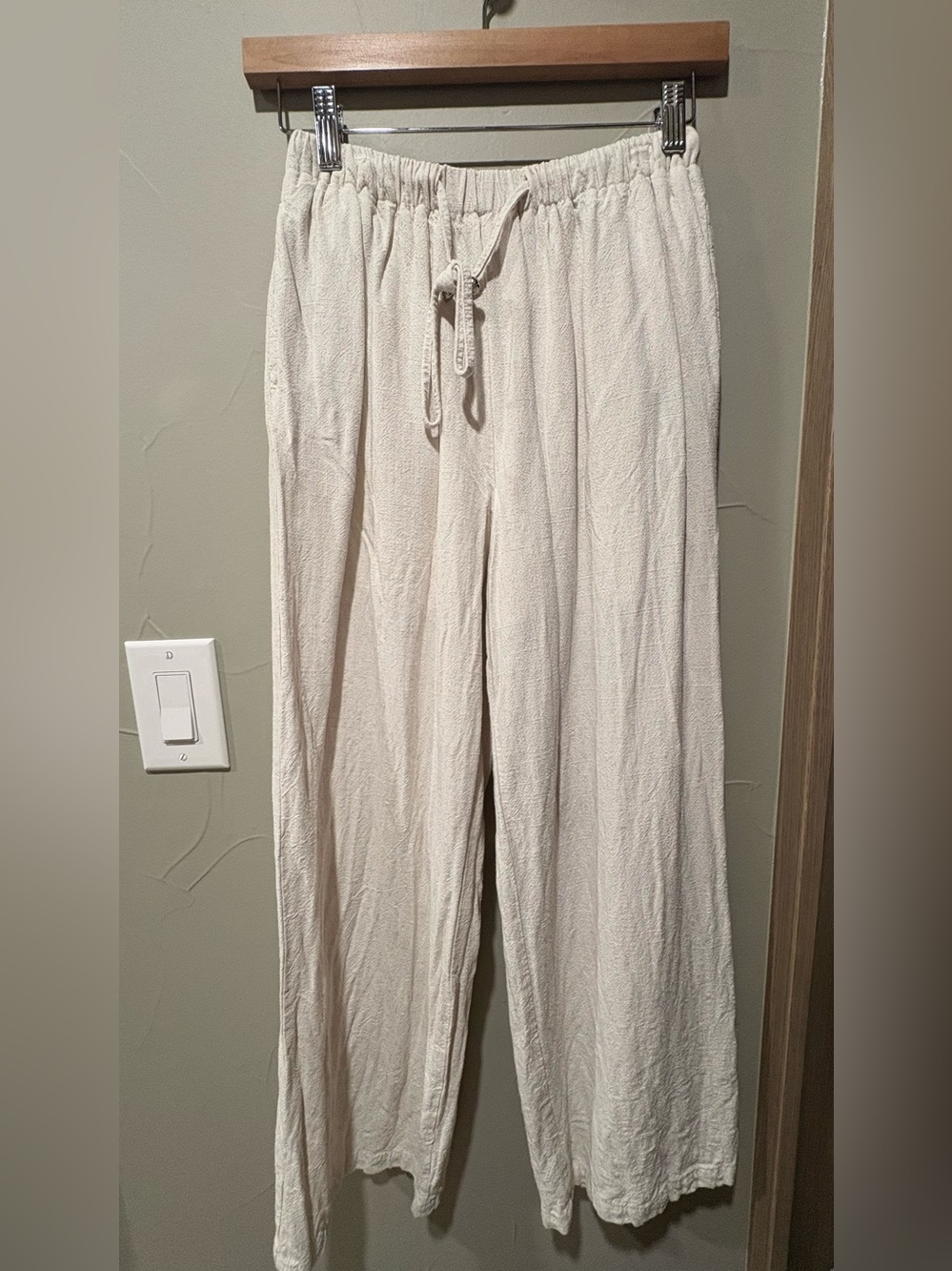 Partially Lined Lightweight Cream Drawstring Wide-Leg Pants